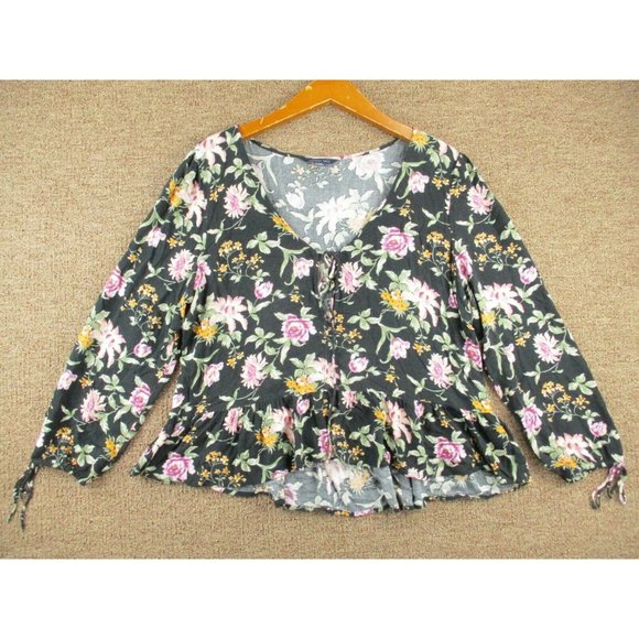 American Eagle Tunic Top Womens Large Floral Long Sleeve Tie Front Stretch - Picture 1 of 8